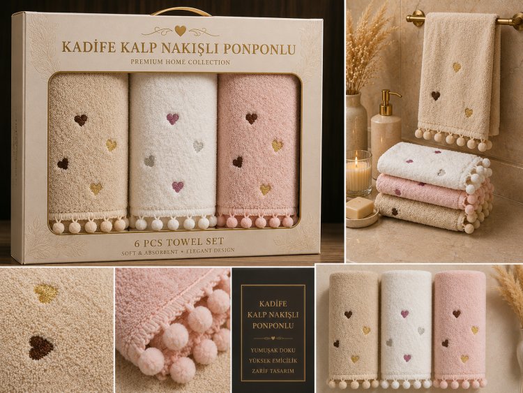 KADİFE KALP NAKIŞLI PONPON